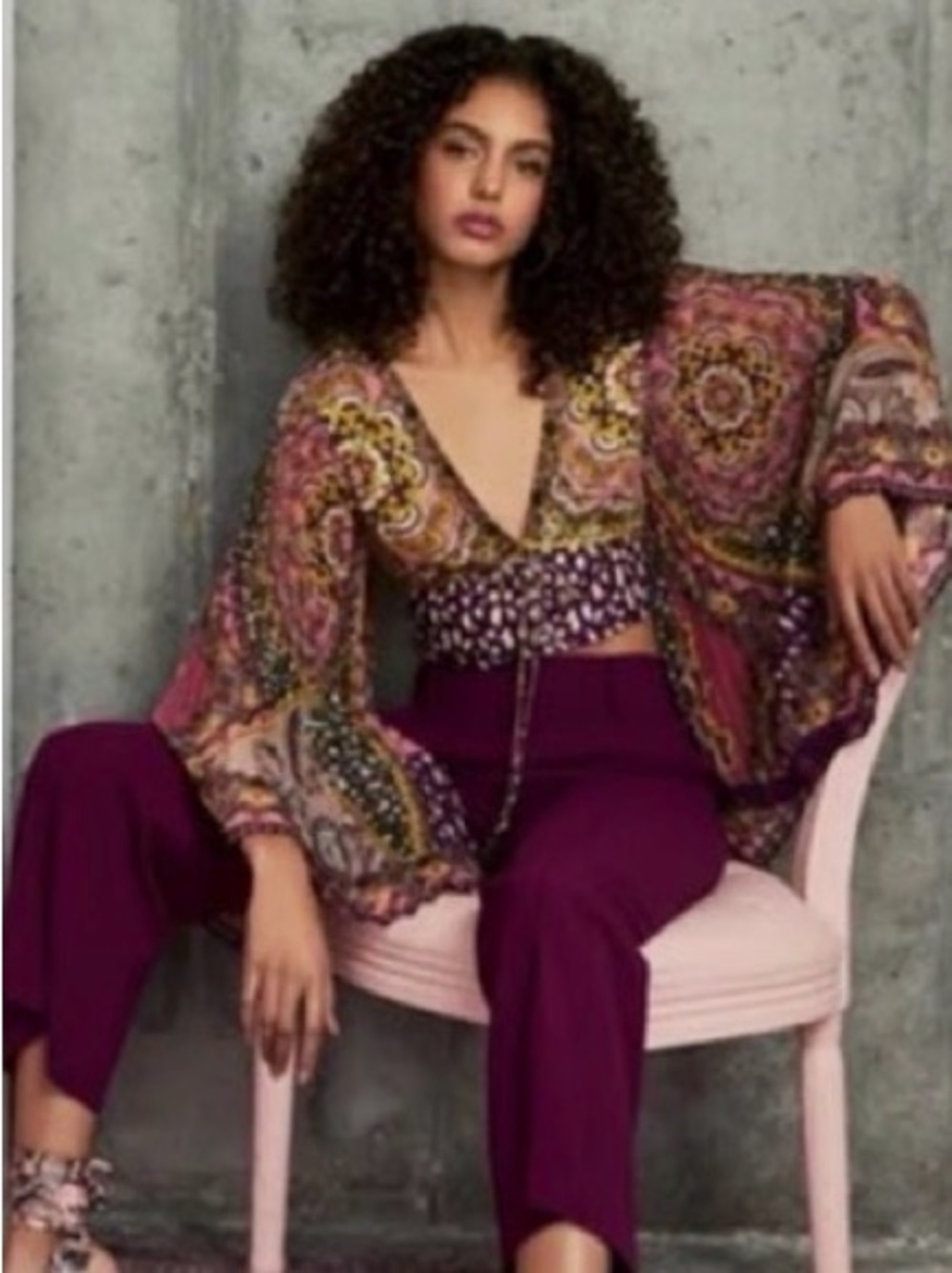 Alice + Olivia Chelsea Cropped Bell Sleeve Boho Paisley Top size 12